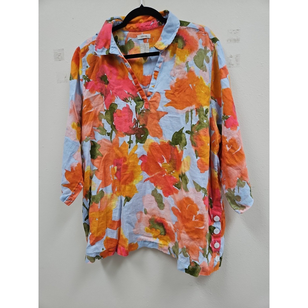 Joie Linen Tunic Women 2X Orange Floral V-Neck Side Button 3/4 Sleeve Blouse